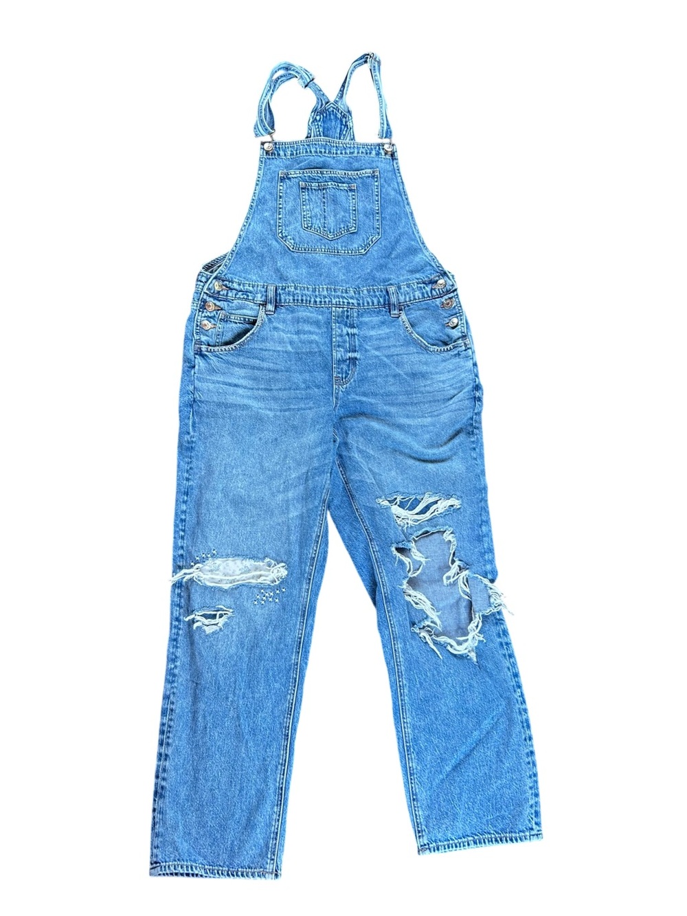 American Eagle AEO Distressed Denim Overalls Floral Patch and Stitching Detail